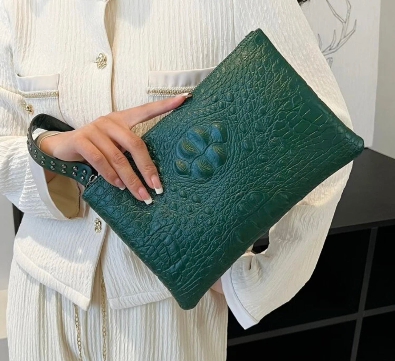 "Forest Green Crocodile Embossed Wristlet"